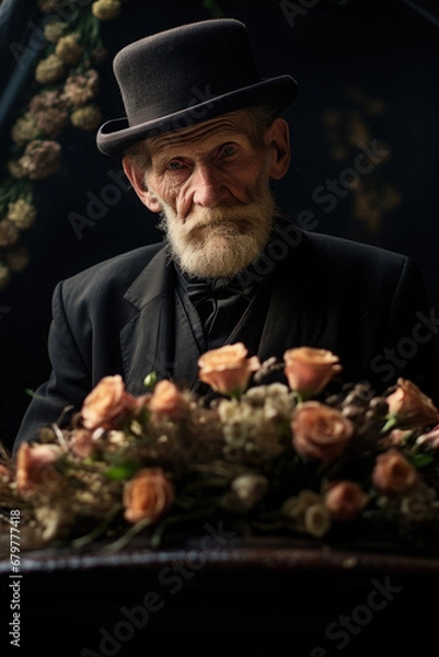 Fototapeta Old man with flowers standing near coffin at funeral