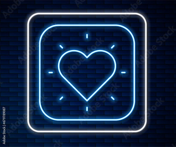 Fototapeta Glowing neon line Heart icon isolated on brick wall background. Romantic symbol linked, join, passion and wedding. Happy Valentines day. Vector