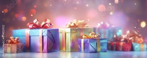 Fototapeta Perfect christmas presents banner with colorful gifts, bokeh panorama. Generative Ai