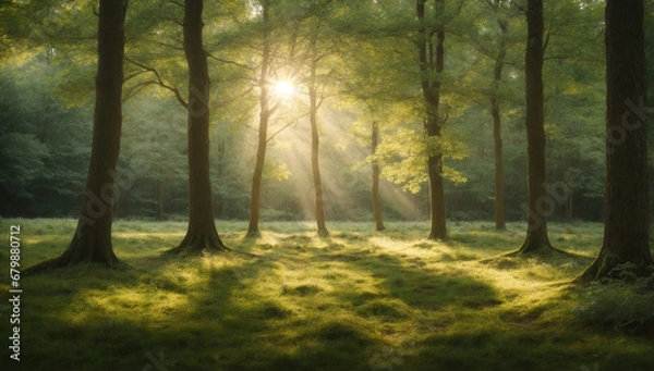 Fototapeta Peaceful and secluded woodland glade, with dappled sunlight filtering through the trees - AI Generative