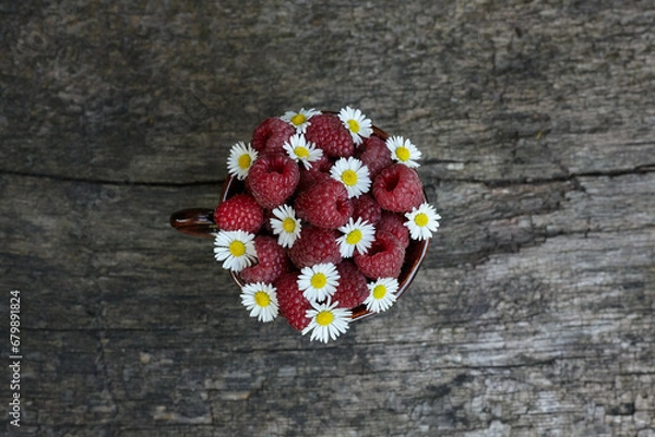 Obraz Raspberry and chamomile composition in a mug