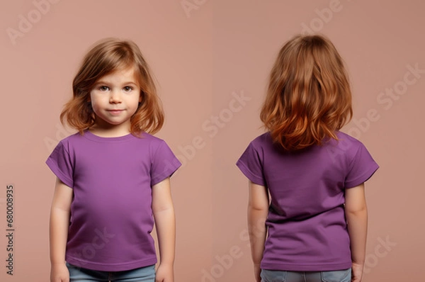 Fototapeta Front and back views of a little girl wearing a purple T-shirt