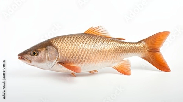 Fototapeta  Rohu fish with a red tail fin swimming in White background, generative ai