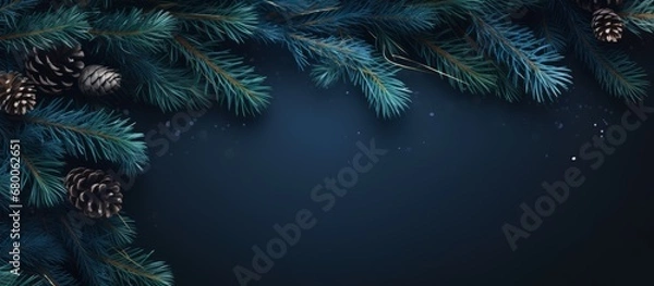 Fototapeta Christmas background. Xmas design Christmas tree pine branches top view copy free space for text