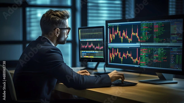 Fototapeta Young trader studies stock market graphs on expansive multi monitor workstations, employing mobile app analytics for cryptocurrency and investment growth chart analysis