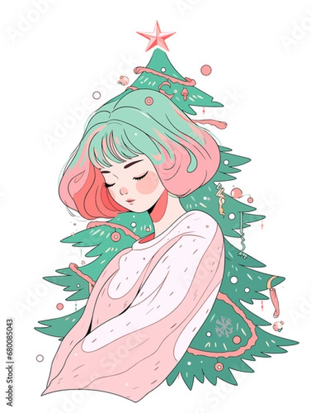 Fototapeta Christmas Tree Woman Vector Illustration