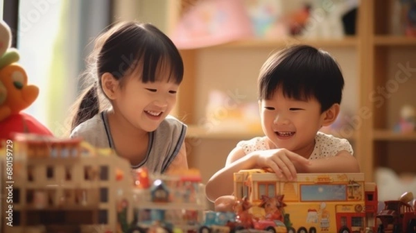 Fototapeta Young Asian children play with toys in the room joyfully, smiles and laughter filling the air, the happiness and fun of childhood.