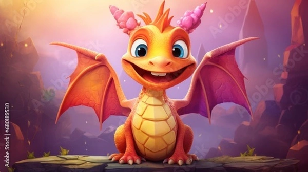 Fototapeta  a little orange dragon sitting on top of a rock next to a purple and yellow background with a light shining down on it's wings and a smiling face.