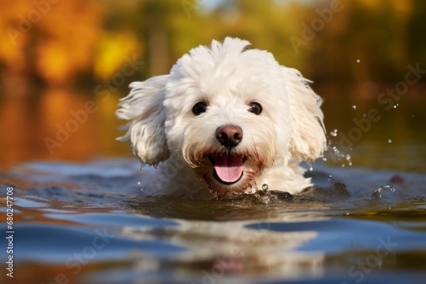 Fototapeta smiling bichon frise swimming in a lake while standing against an autumn foliage background