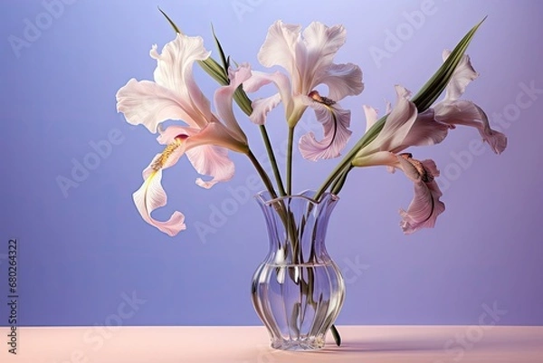 Fototapeta  a vase filled with pink and white flowers on top of a pink counter top next to a blue wall and a purple background.