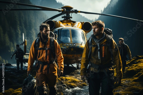 Fototapeta Star border lifeguard tourists in nepal. A group of men walking towards a helicopter