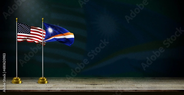 Fototapeta Marshall Islands and USA flag wave on dark background. digital illustration for national activity or social media content.