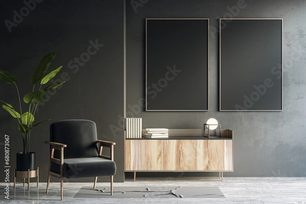 Fototapeta Modern living room interior with two blank black mock up banners on dark wall, furniture and plant. 3D Rendering.