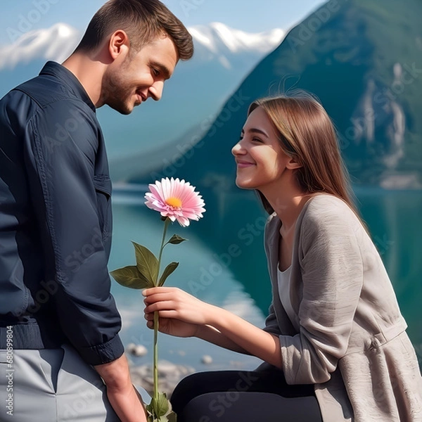 Fototapeta Hombre regalando una flor a una mujer en un entorno natural con un lago y montañas nevadas