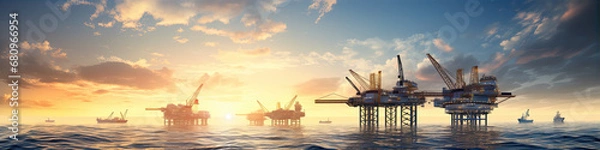 Fototapeta Offshore oil and gas platform in ocean. Petroleum platforms or crane.wide banner