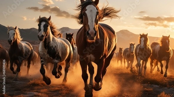 Fototapeta A majestic herd of wild horses galloping freely through