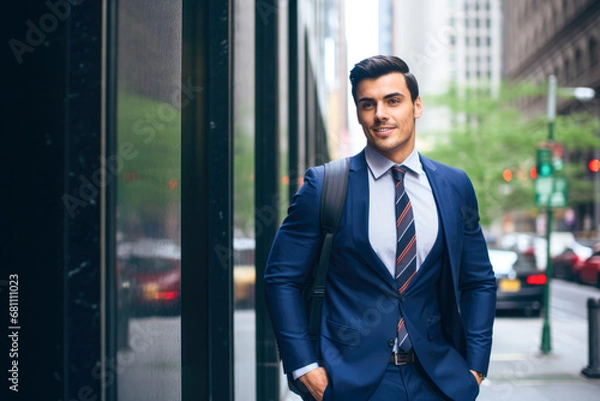 Fototapeta A handsome businessman in a blue suit on the street.