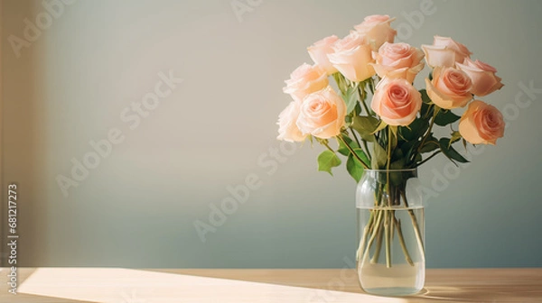 Fototapeta Bouquet of white-pink roses in a beautiful vase on table. Springtime blossom, rose bunch. Beautiful spring fresh flowers. Bright room flooded with sun. Floral romantic. Women’s holiday. Generated AI