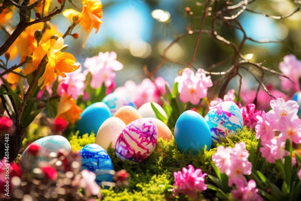 Fototapeta Vibrant Easter eggs with flowers in the garden