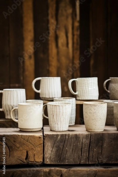 Fototapeta Empty white ceramic mugs with a touch of rustic aesthetic  AI generated illustration