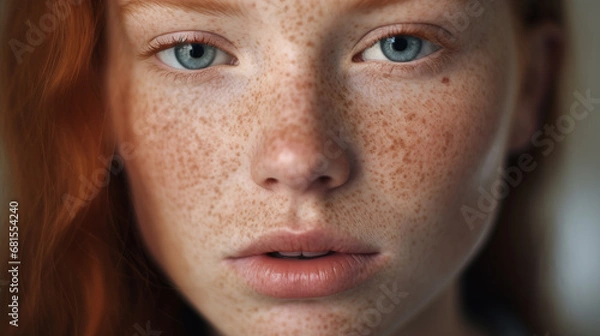 Obraz Lips and nose Woman happy young beautiful portrait with healthy freckled skin. Young beautiful freckles woman face with healthy skin and with ginger hair