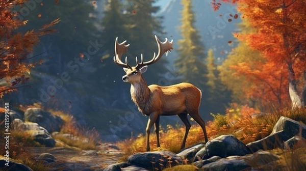 Fototapeta Beautiful illustration of a reindeer in a picturesque autumn environment, with the leaves on the ground emphasizing its assured gait.