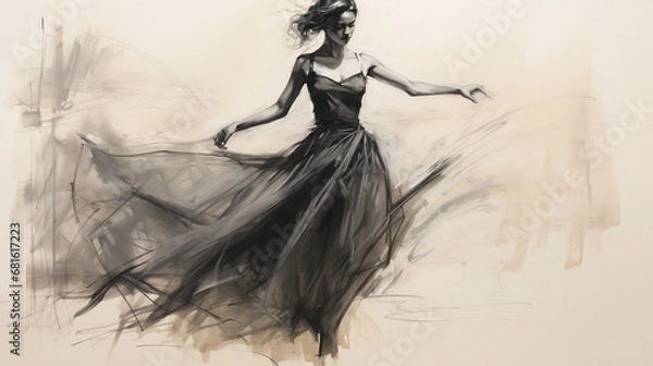 Fototapeta Black charcoal pencil drawing of a young active ballet dancing lady in white background with live performance 