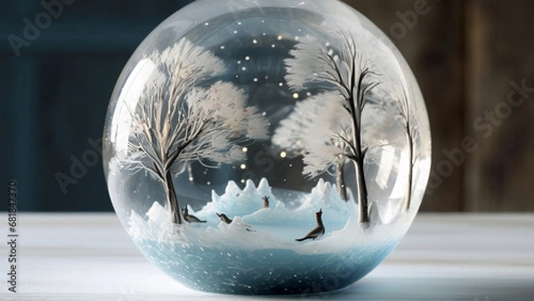 Fototapeta Christmas snow globe. Christmas glass ball with winter scene snow and trees inside. Gifts, Christmas toy. Festive greeting card. Surprise for New Year or Christmas. New Year concept. Decor concept.