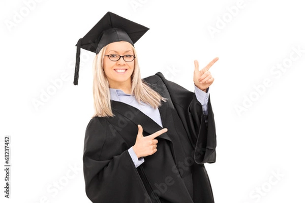 Fototapeta Female graduate student pointing with fingers