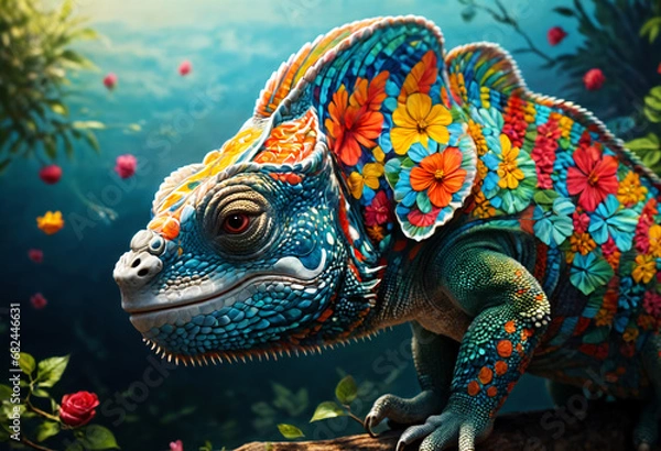 Fototapeta Colourful chameleon in flowers. Generative AI