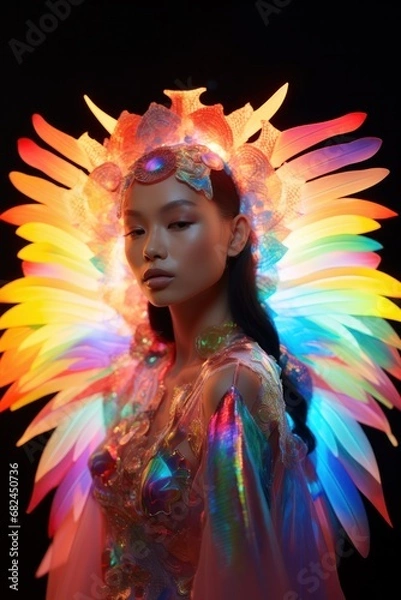 Fototapeta Ethereal shot of a serene-faced model with colorful, luminous feather-like wings in a fantasy setting