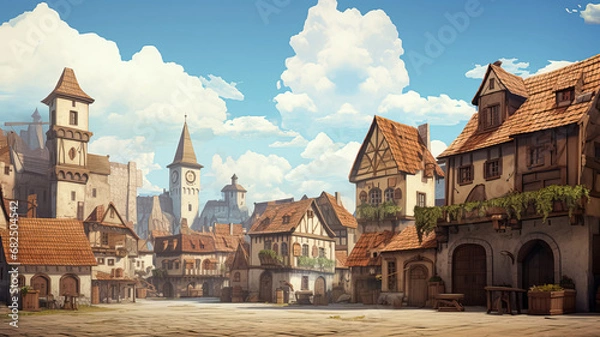 Fototapeta Retro postcard of medieval town with blue cloudy sky, old buildings and a street in poscart-style paintings