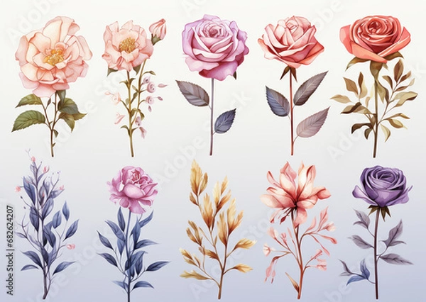 Fototapeta Watercolor paintings rose flower symbols On a white background. 