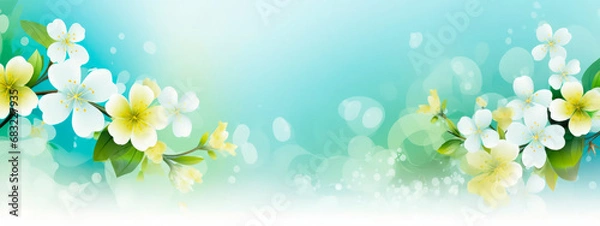 Fototapeta Abstract horizontal spring  floral pattern background, white and yellow flowers with ornaments , wallpaper card , copy space for text