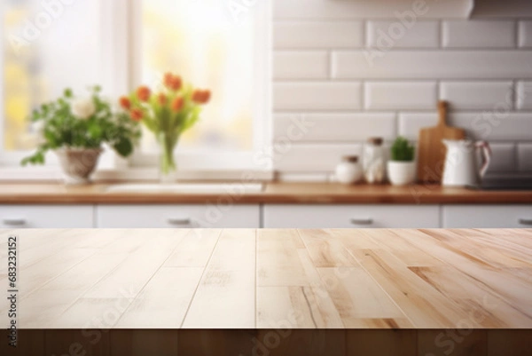 Fototapeta Empty wooden table top with blurred kitchen background