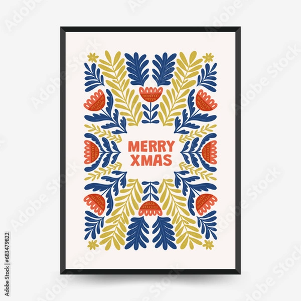 Fototapeta Merry Christmas and Happy New Year vertical flyer or poster template. Modern trendy Matisse minimal style. Hand drawn design for wallpaper, wall decor, print, postcard, cover, template, banner.