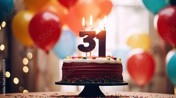 Fototapeta  a birthday cake sitting on top of a table in front of balloons and a number thirteen on top of it.