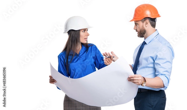 Fototapeta Architect planning work. Chief engineer and architect in hardhat isolated on white. Safety business. Data protection. Supervisor engineer with blueprint. Plan construction project. Making model house