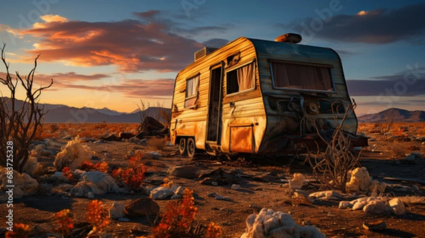 Fototapeta Old abandoned caravan in desert.