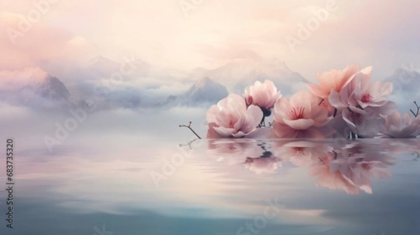 Fototapeta a group of pink flowers floating on water