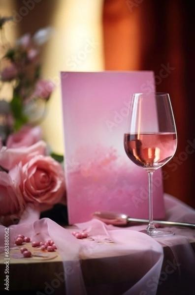 Fototapeta a pink wine glass sits on paper on the table