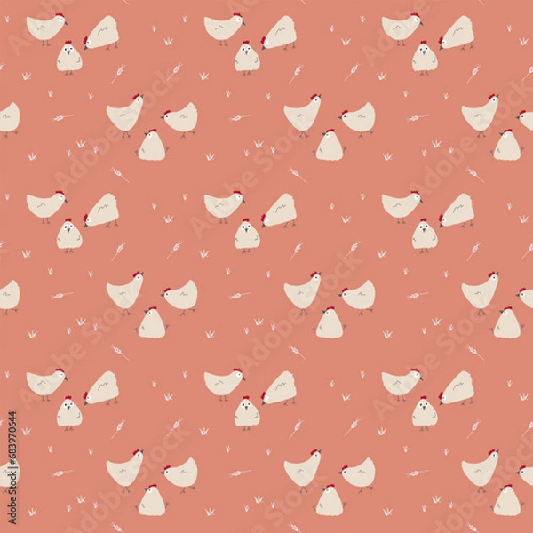 Fototapeta Cute Cartoon chicken and hen Seamless Pattern, Background vector Illustration