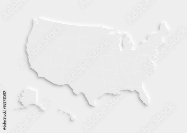 Fototapeta White map of the United States of America (USA, America) on white background with shadow or 3d effect. High resolution modern and clean map with states in black and white.