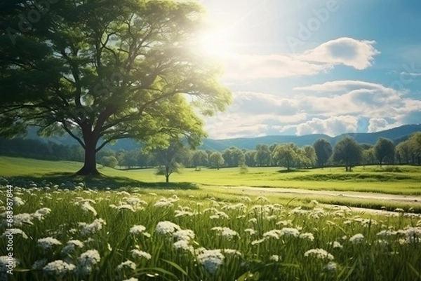 Fototapeta Breathtaking Panorama: A Journey Through Sunny Fields and Majestic Trees Generative AI