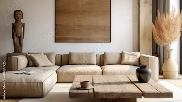 Fototapeta Japandi Modern Living Room. Fusion of Japanese and Scandinavian Design with a Beige Fabric Corner Sofa Paired with a Barn Wood Coffee Table.