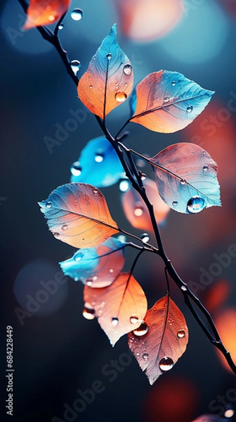 Obraz a close up shot of many colorful leaves on a branch, in the style of light bronze and light blue created with Generative Aiv