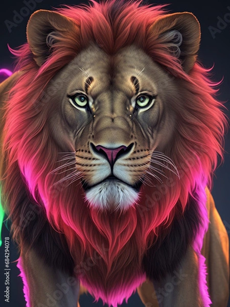 Fototapeta A photo of a big lion head in neon color Generative AI