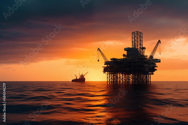 Fototapeta Offshore oil and gas. Oil rig in sea on sunset, Crude Oil production, aerial view. Offshore drilling of extracting petroleum and natural gas from seabed. Mobile platform in ocean. Ai Generative