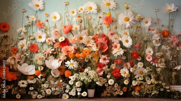 Fototapeta A room adorned with 3D wallpaper showcasing a lively arrangement of daisies and poppies in full bloom.