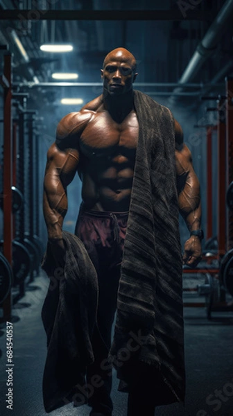 Fototapeta male bodybuilder standing and holding a towel in a gym